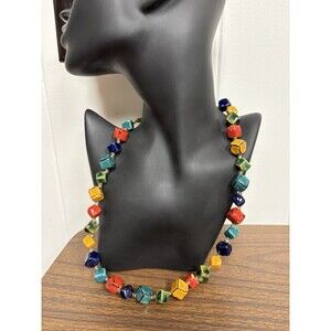 Multicolor Ceramic Cube Bead Necklace Artisan Statement Chunky Boho